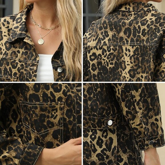 Brand New Women Leopard Print Rayon Cropped Jean Jacket Button Up With Pockets - Picture 5 of 6